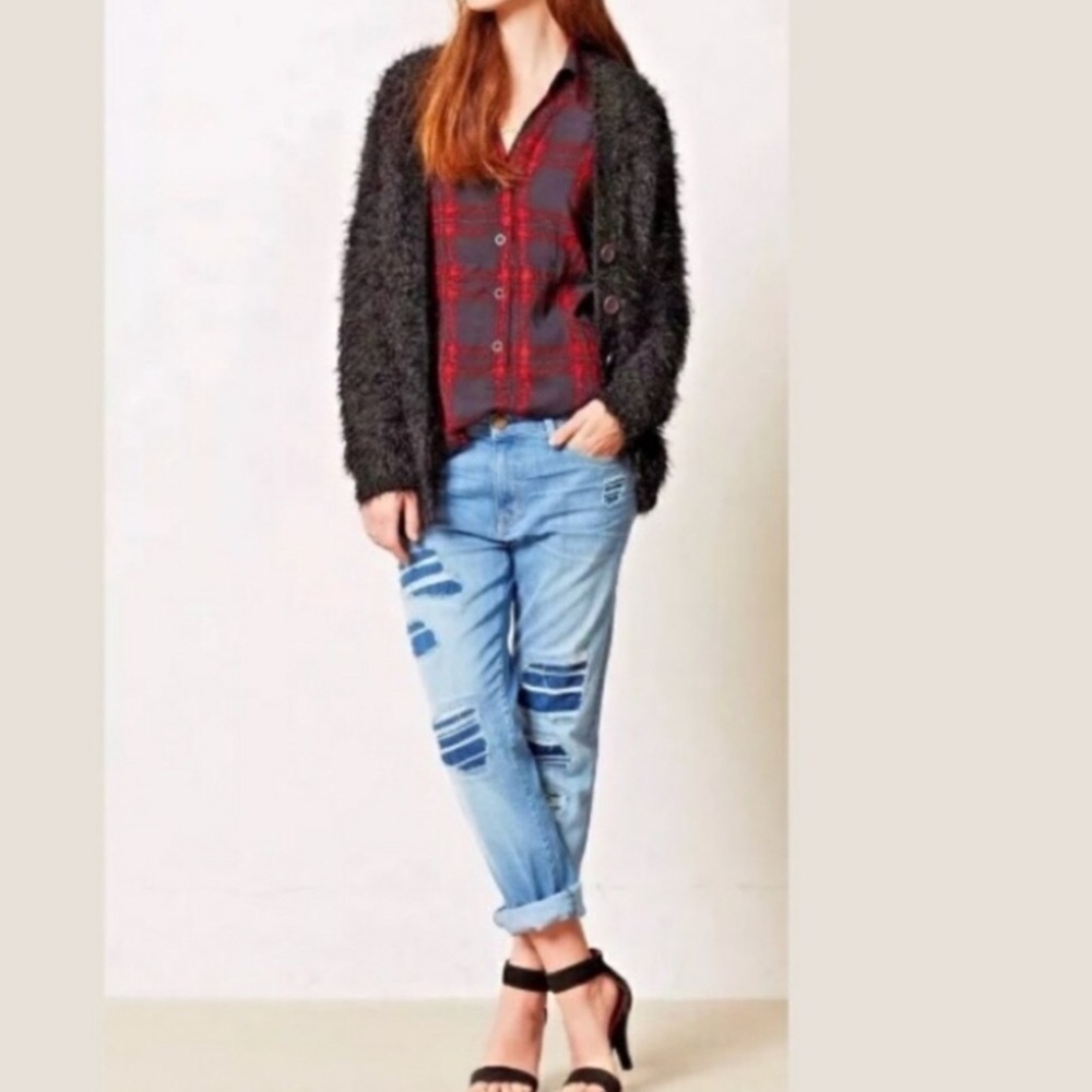 Anthropologie Moth Emile Fuzzy Button Up V-Neck Cardigan Black Size Medi…
